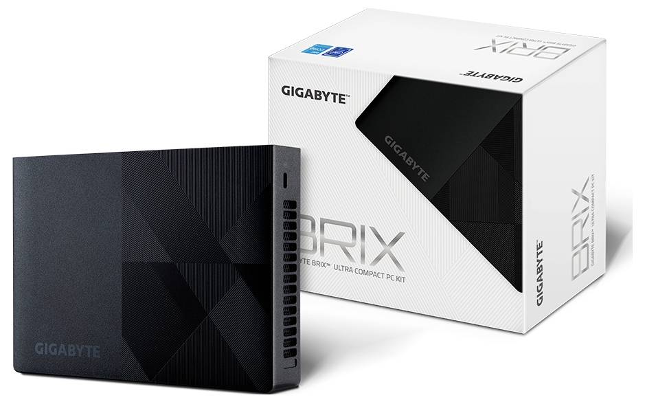 Kleiner schwarzer Gigabyte BRIX Mini-PC neben seiner Verpackung. Die Box zeigt das Logo und das kompakte Design des Geräts.