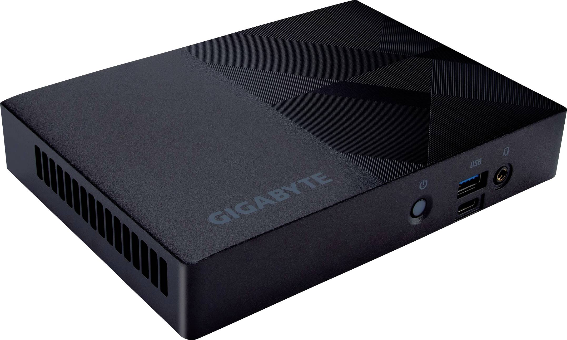 Kompakter schwarzer Mini-PC von Gigabyte mit Lüftungsschlitzen an der Seite und Anschlüssen vorne für USB und Audio.