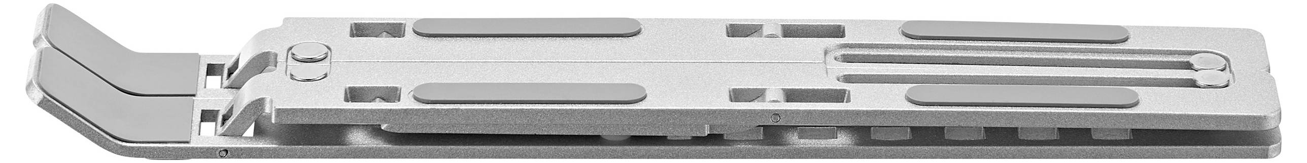 Ein Metallscharniermechanismus, der für verstellbare Unterstützung konzipiert ist und längliche Schlitze sowie Gummipads zur Stabilität und Haftung aufweist.