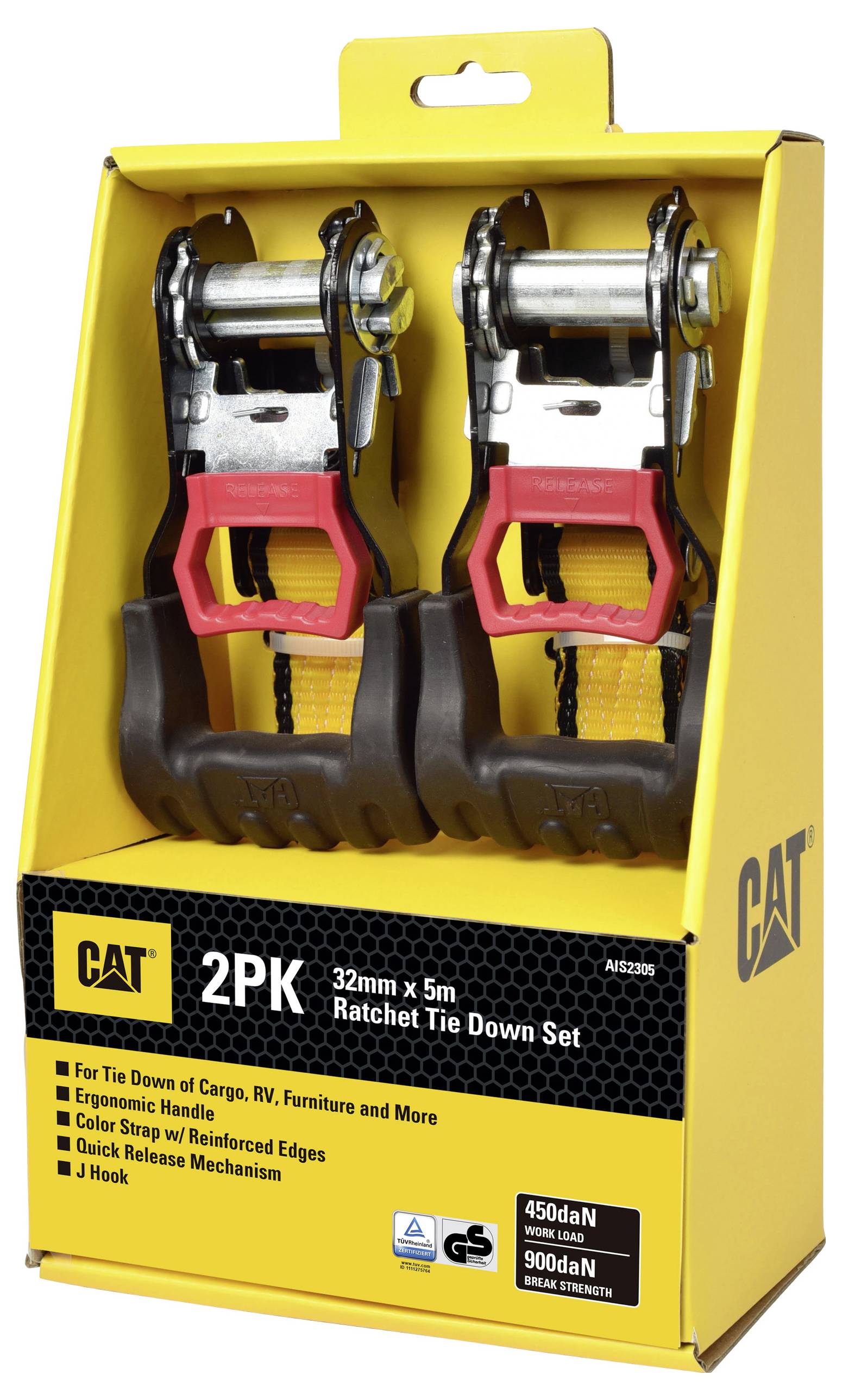 Zwei Stück Ratschen-Zurrgurte in gelber Verpackung. Geeignet für Sicherung von Lasten, mit ergonomischen Griffen und Sicherheitsdetails.