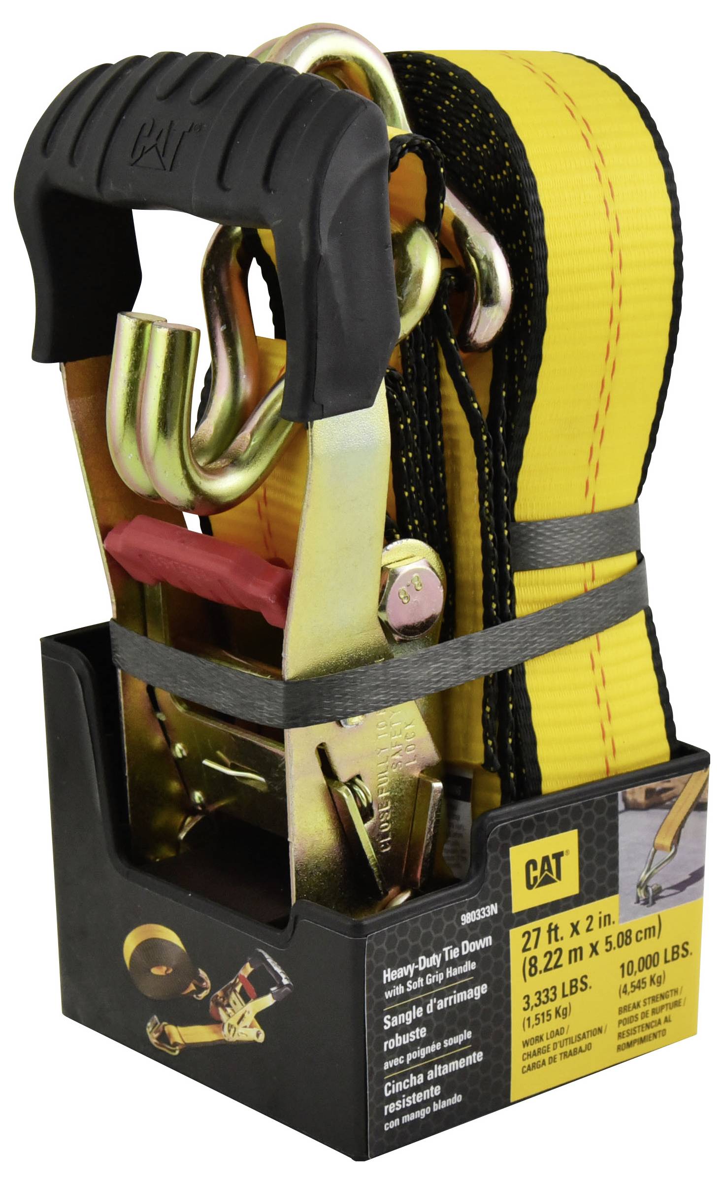 Gelbes Zurrgurt-Set mit Ratsche und Haken, aufrecht in schwarzer Verpackung. Markenname 'CAT' sichtbar.