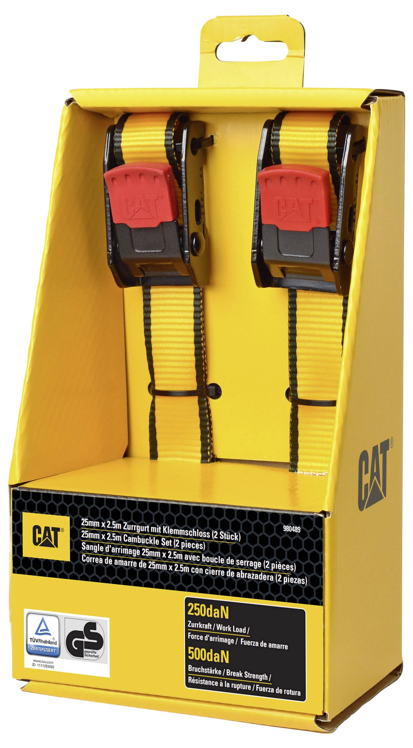 Gelbe Verpackung mit zwei gelben Spanngurten. Aufschrift '250 daN' und '500 daN' in Schwarz. CAT-Logo oben und auf der Seite.