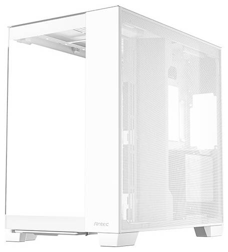 Ein weißes Computergehäuse mit durchsichtigem Seitenpanel, ideal zum Präsentieren von Komponenten im Inneren.