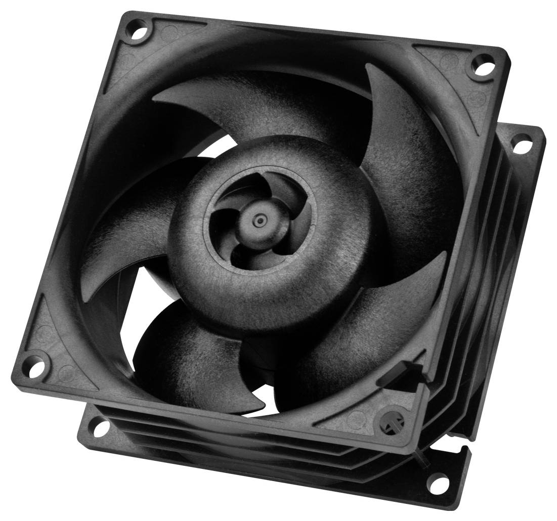 Schwarzer Computerlüfter mit vier Rotorblättern in einem quadratischen Rahmen, Ansicht schräg von oben.