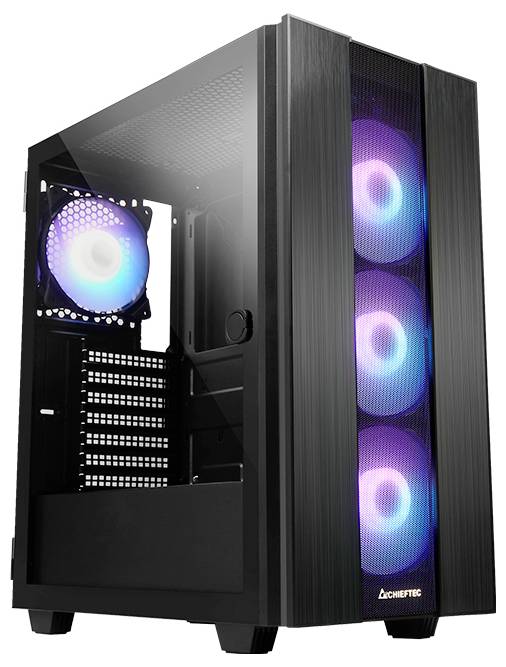 Schwarzes Computergehäuse mit seitlichem Sichtfenster, vier leuchtende Lüfter in Blau und Lila an der Vorderseite für Kühlung.