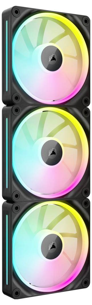 Drei übereinander gestapelte Computerlüfter mit RGB-Beleuchtung in verschiedenen Farben, verwendet für PC-Kühlung und Ästhetik.