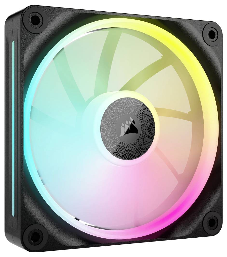 Ein beleuchteter Computerlüfter mit Regenbogen-LEDs, in einem quadratischen schwarzen Rahmen montiert, sorgt für Kühlung und Lichteffekte.