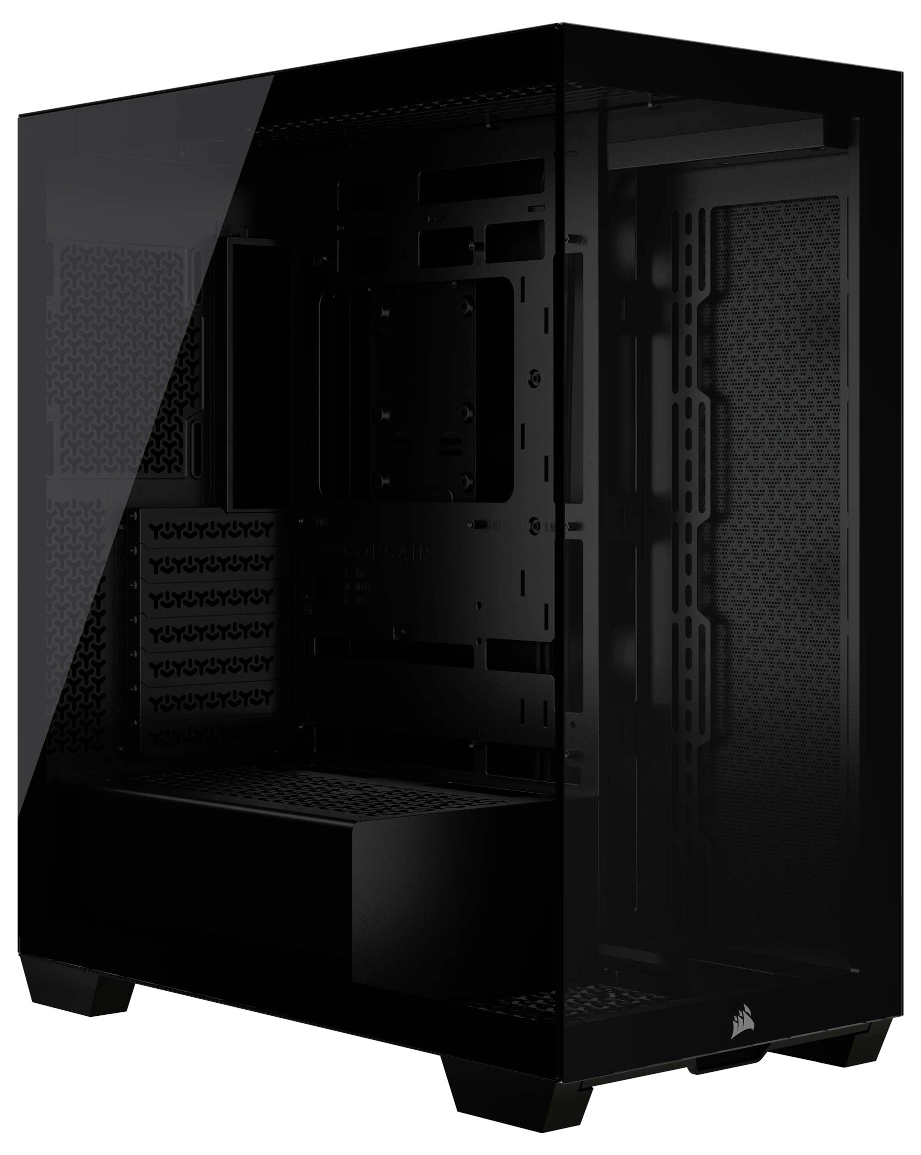 Schwarzes Computergehäuse mit transparentem Seitenpanel. Innenstruktur sichtbar, bereit für Hardwareinstallation. Minimalistisches Design.