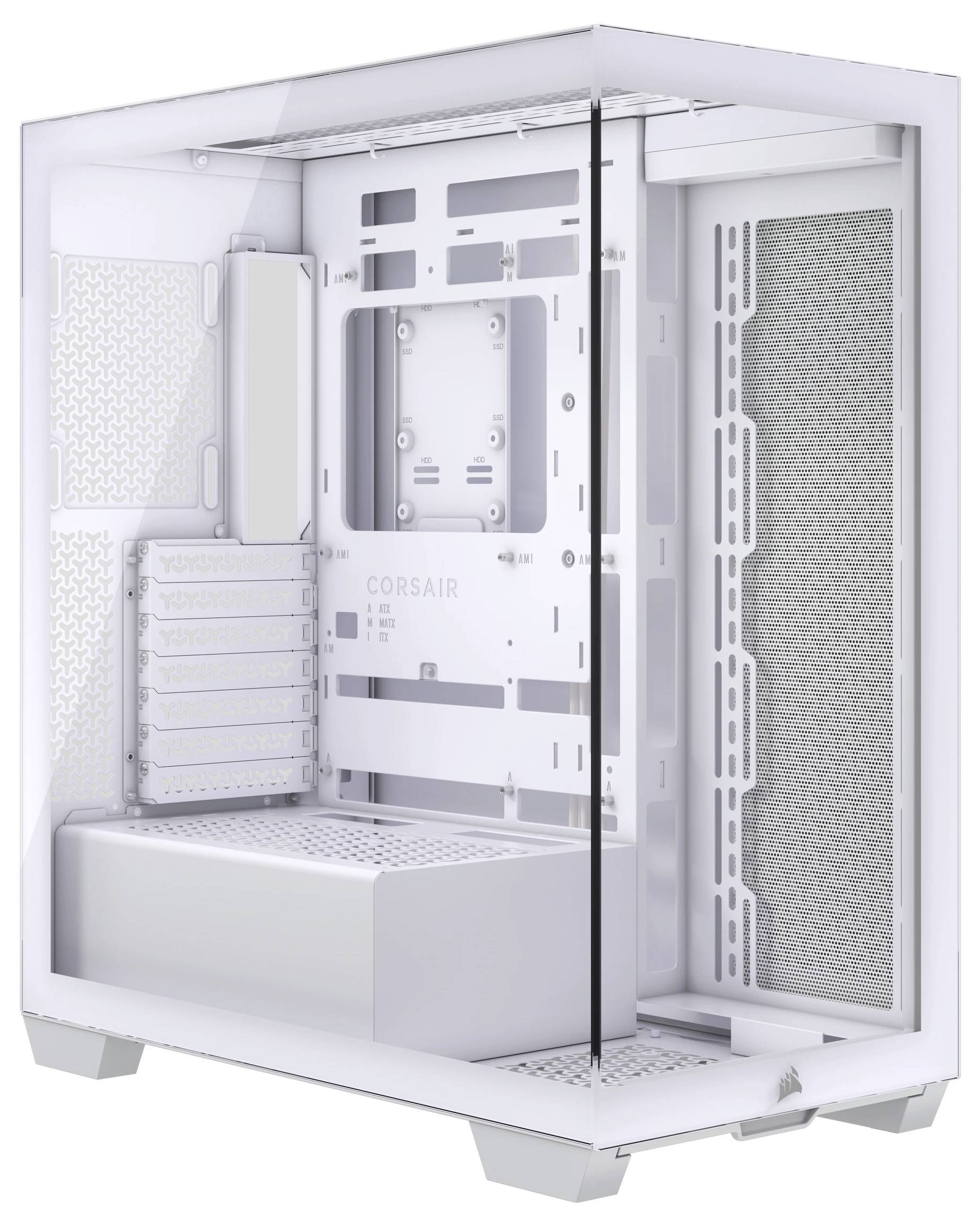 Ein weißes Computergehäuse mit Glasseitenwand, zeigt Innenraum mit freiem Platz für Komponenten wie Mainboard und Lüfterinstallation.