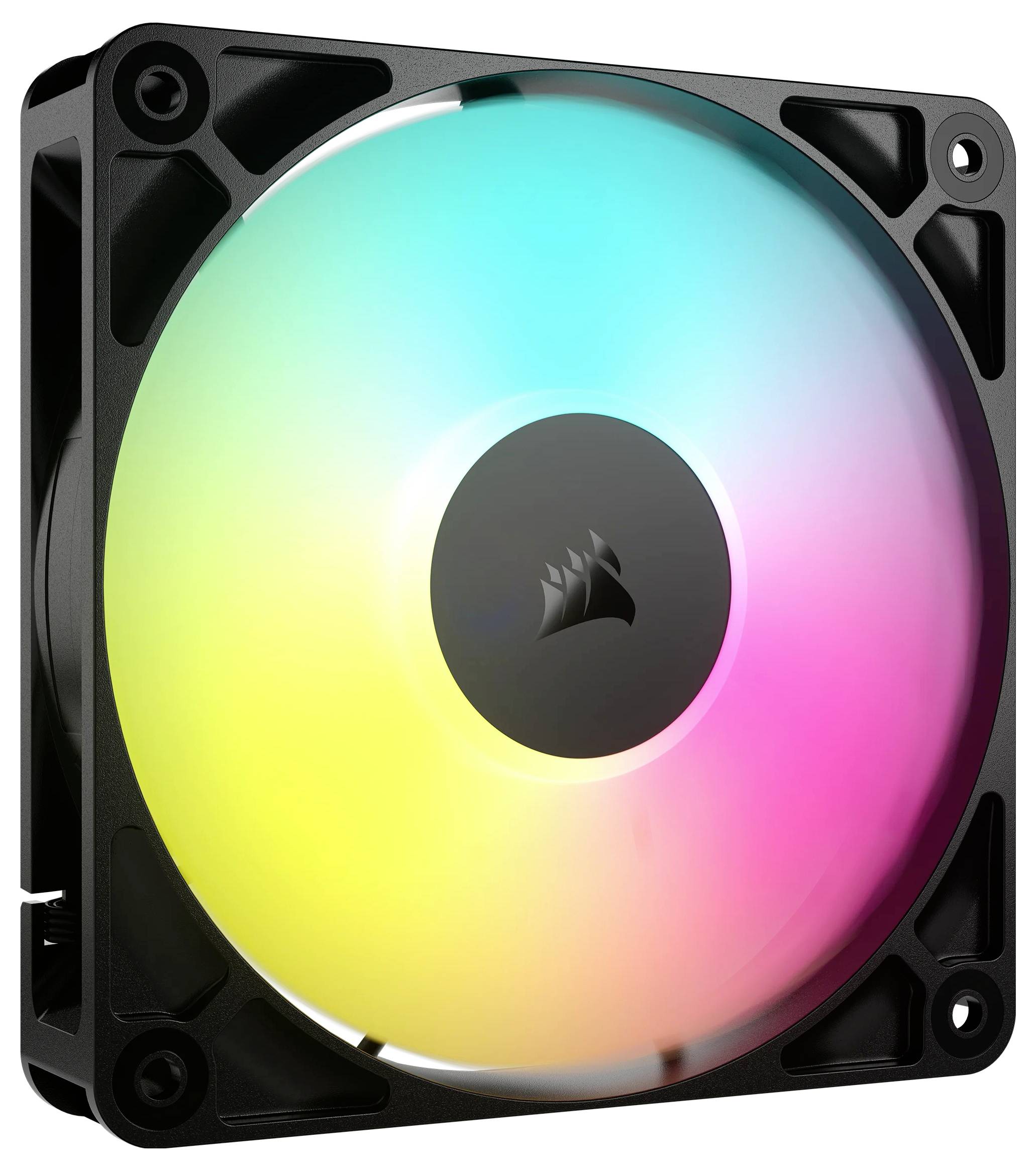 PC-Gehäuselüfter mit RGB-LED-Beleuchtung, die in einem Regenbogenspektrum leuchtet. Der Ventilator hat ein schwarzes Gehäuse.