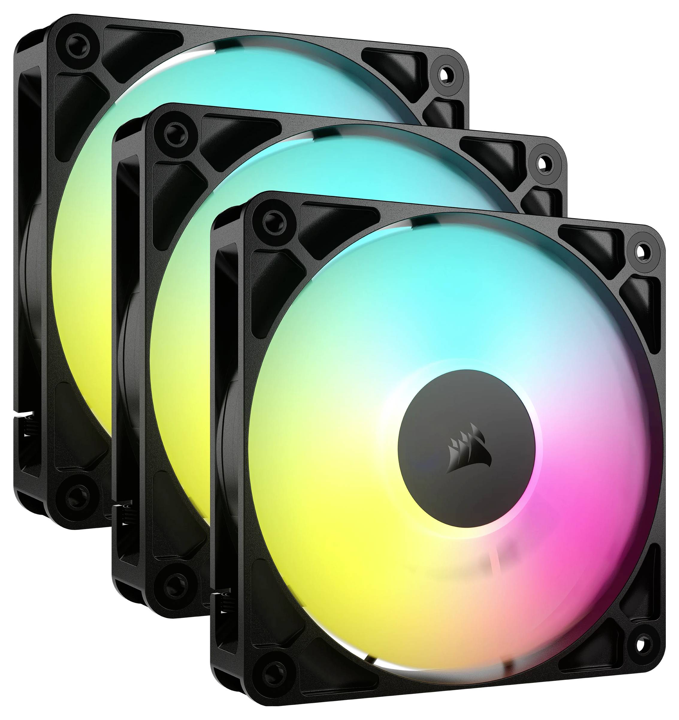 Drei schwarze RGB-Lüfter mit leuchtenden Farben (gelb, grün, rosa) in der Mitte. Sie sind hintereinander angeordnet.
