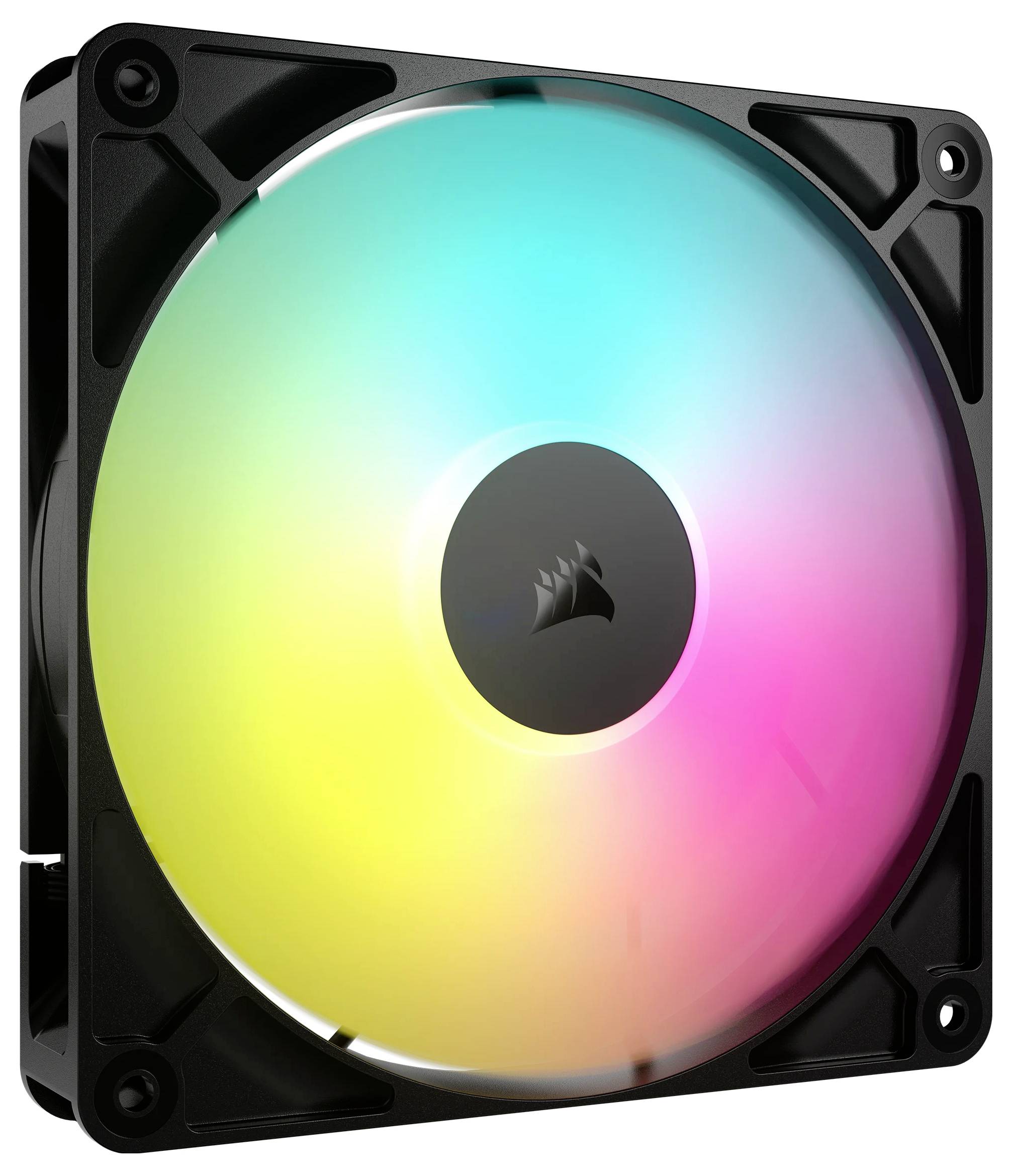 Ein quadratischer Computerlüfter mit Einschüben zeigt einen farbigen RGB-Lichteffekt, der von Blau zu Gelb und Rot übergeht.