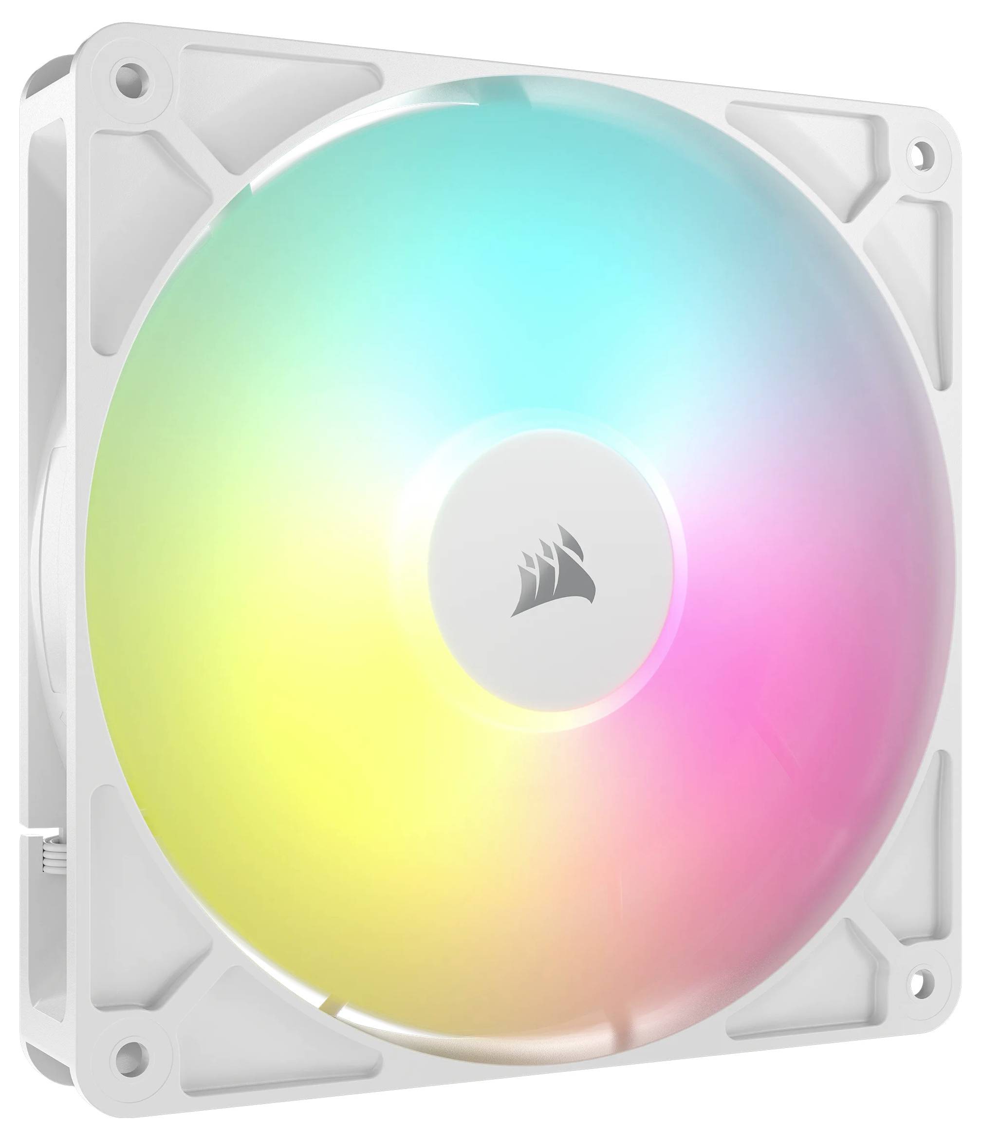 Ein weißer Computerlüfter mit bunten LED-Leuchten in Blau, Grün, Gelb und Pink, leuchtet gleichmäßig und ist dekorativ.