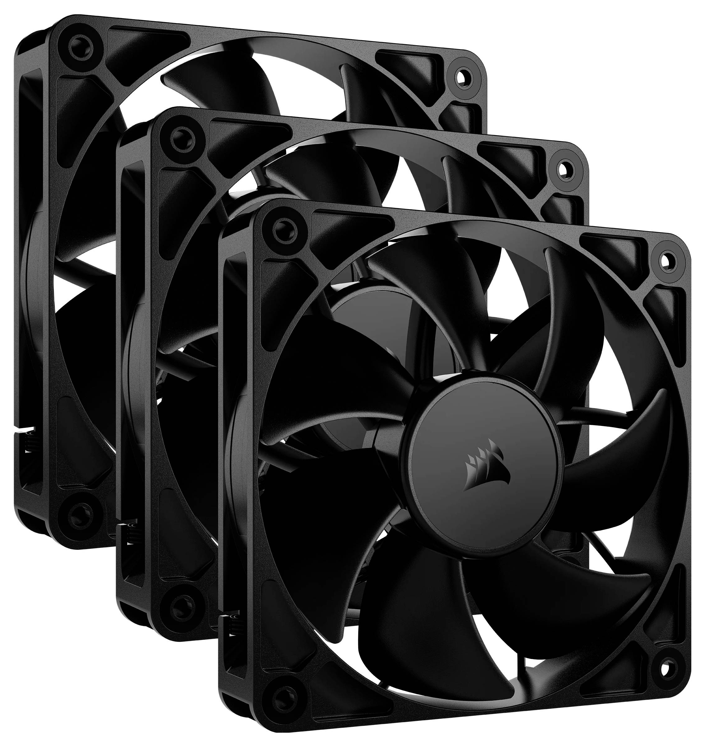 Drei schwarze Computer-Ventilatoren in einem gestapelten Arrangement, geeignet für Kühlungssysteme in Computergehäusen.