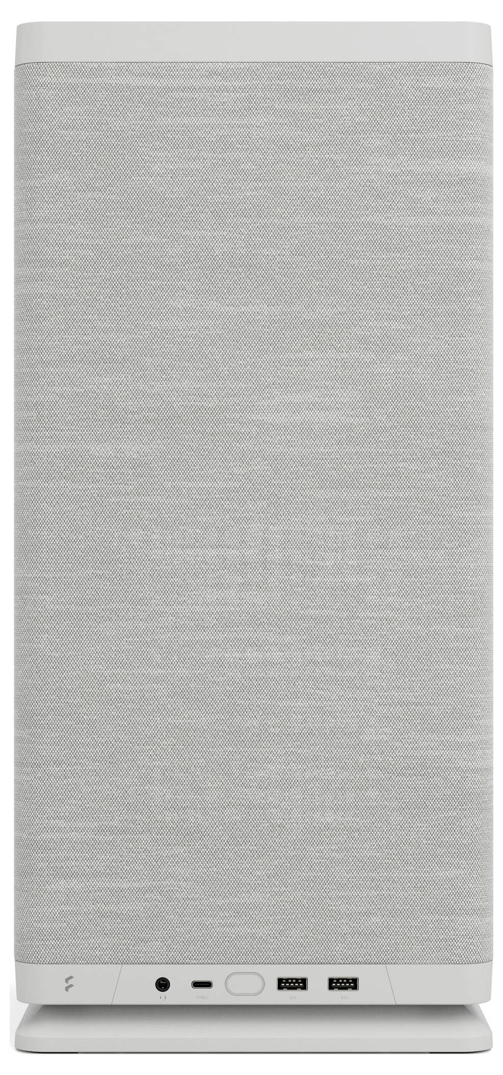 Ein grauer, rechteckiger Lautsprecher mit Stoffbezug. Vorne befinden sich Anschlüsse und Bedienelemente.