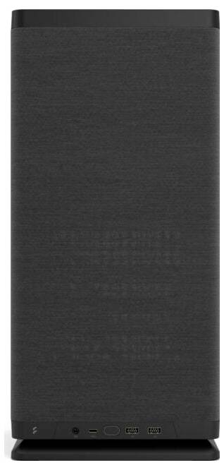 Eine schwarze, rechteckige Lautsprecherbox mit Anschlüssen an der Unterseite, geeignet für Heimkinosysteme oder Musik-Wiedergabe.