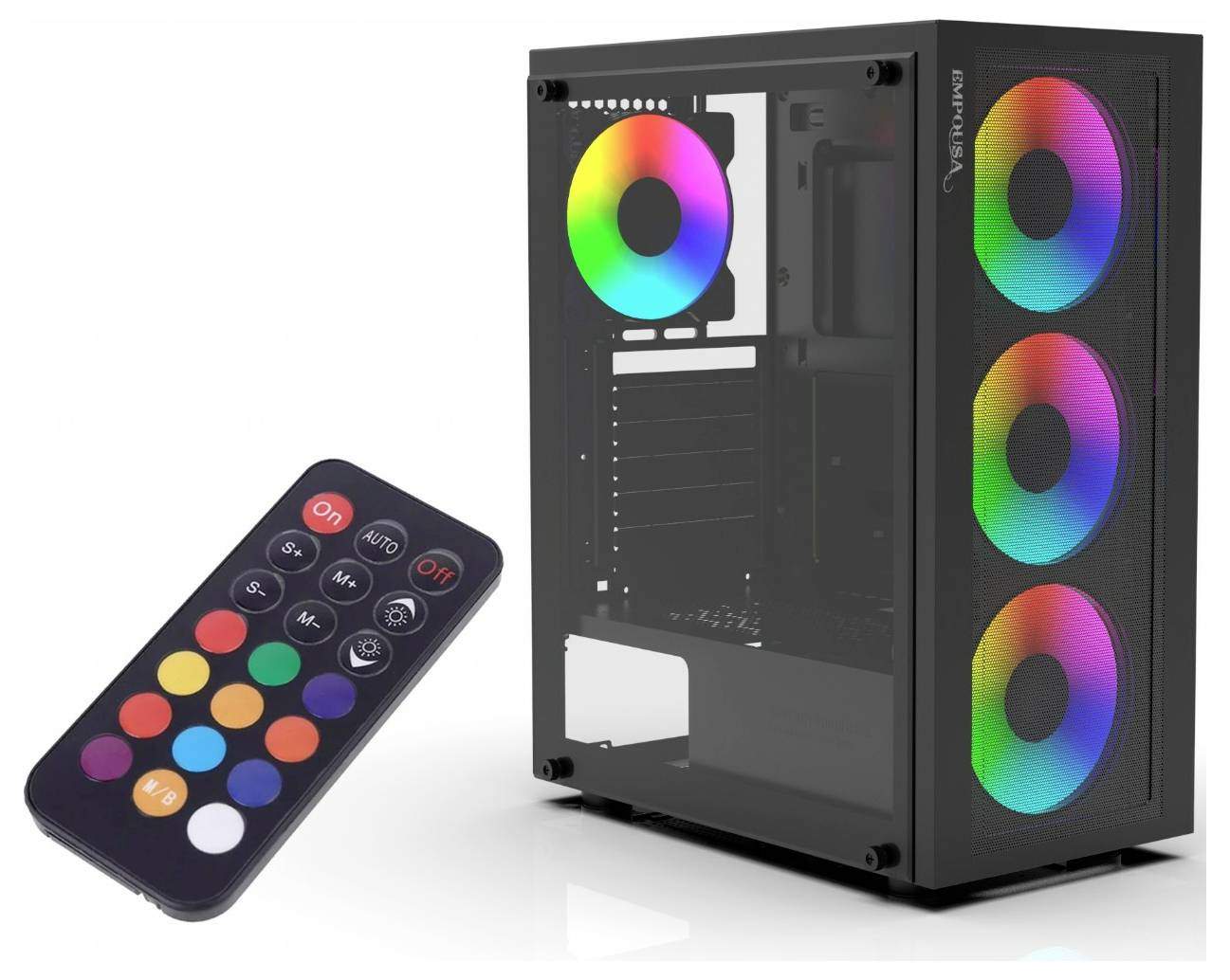 Schwarzes Computergehäuse mit drei RGB-LED-Lüftern an der Front und einem an der Rückseite. Daneben liegt eine Fernbedienung zur Steuerung der LED-Beleuchtung.