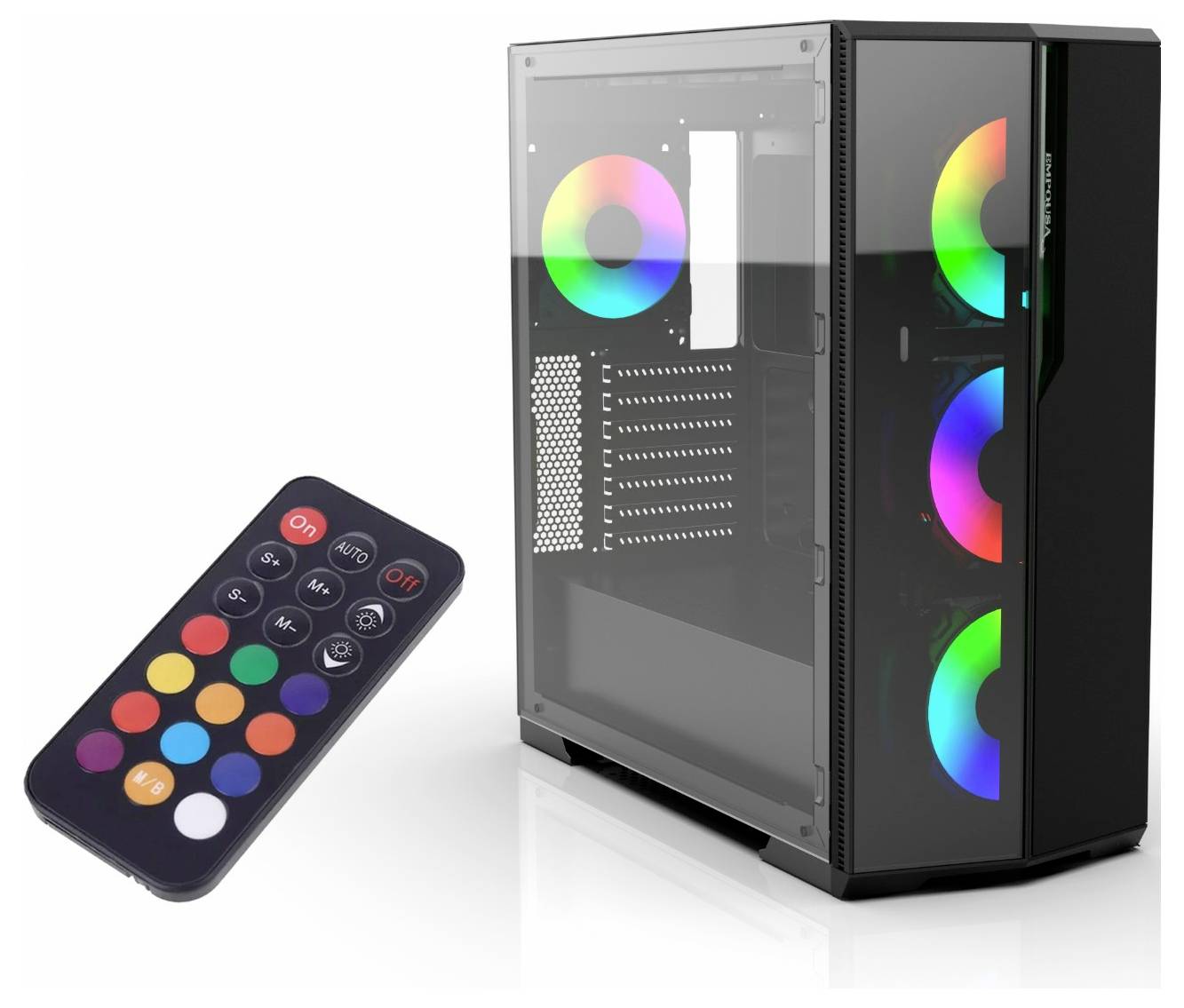 Ein PC-Gehäuse mit bunter LED-Beleuchtung und eine Fernbedienung für die Lichteinstellungen.