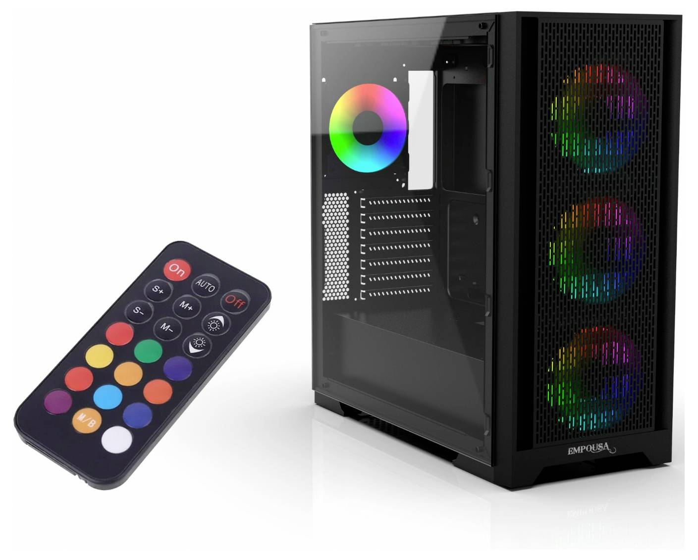PC-Gehäuse mit eingebauter RGB-Beleuchtung und mitgelieferter Fernbedienung zur Steuerung der Lichteffekte.