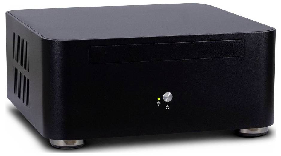 Ein schwarzer, rechteckiger Mini-PC mit abgerundeten Ecken, einem Frontknopf und einer kleinen Status-LED, steht auf einem weißen Hintergrund.