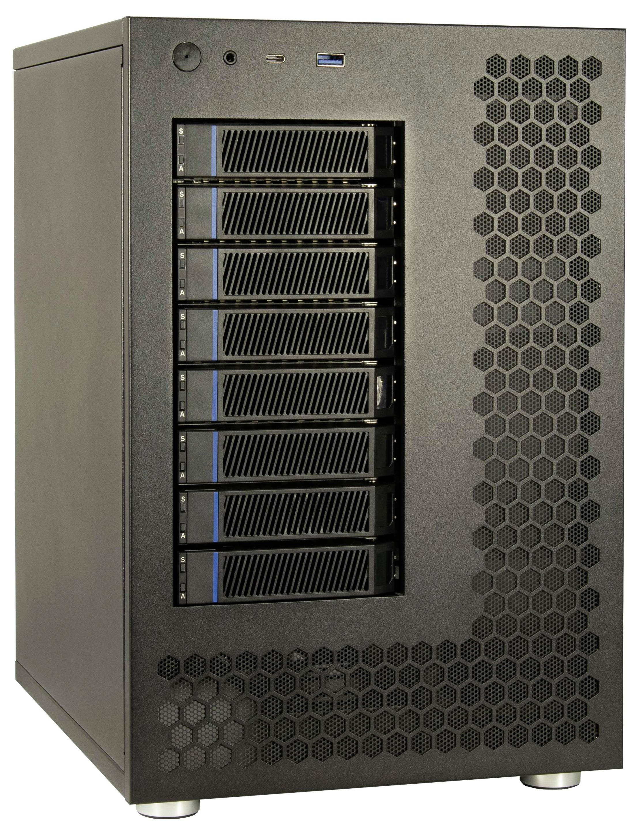 Ein schwarzer Computer-Server mit mehreren Festplatteneinschüben und einem Gitternetzmuster an der Seite.