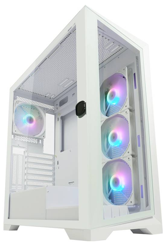 Weiße Computergehäuse mit Seitenfenster und drei leuchtenden RGB-Lüftern sichtbar; modern und stilvoll gestaltet.
