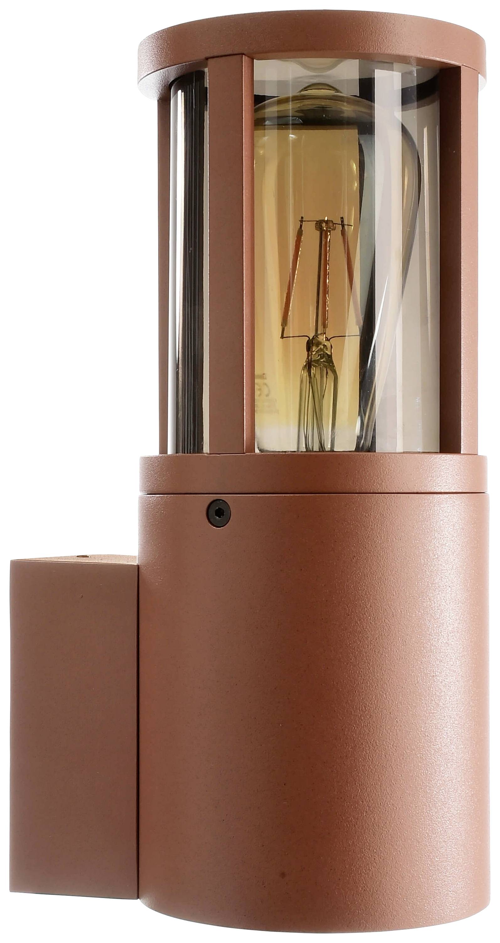 Runde, kupferfarbene Wandleuchte mit transparentem Glaszylinder und sichtbarem Glühfaden.