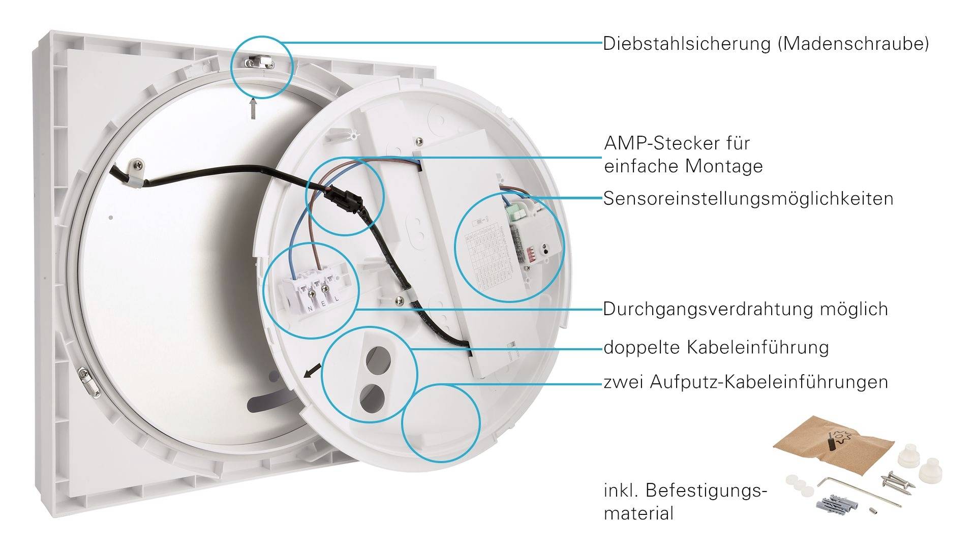 Ein rundes elektrisches Gerät mit Diebstahlsicherung, AMP-Stecker, Sensoreinstellungen, Durchgangsverdrahtung, Kabel-Einführungen, inkl. Befestigungsmaterial.
