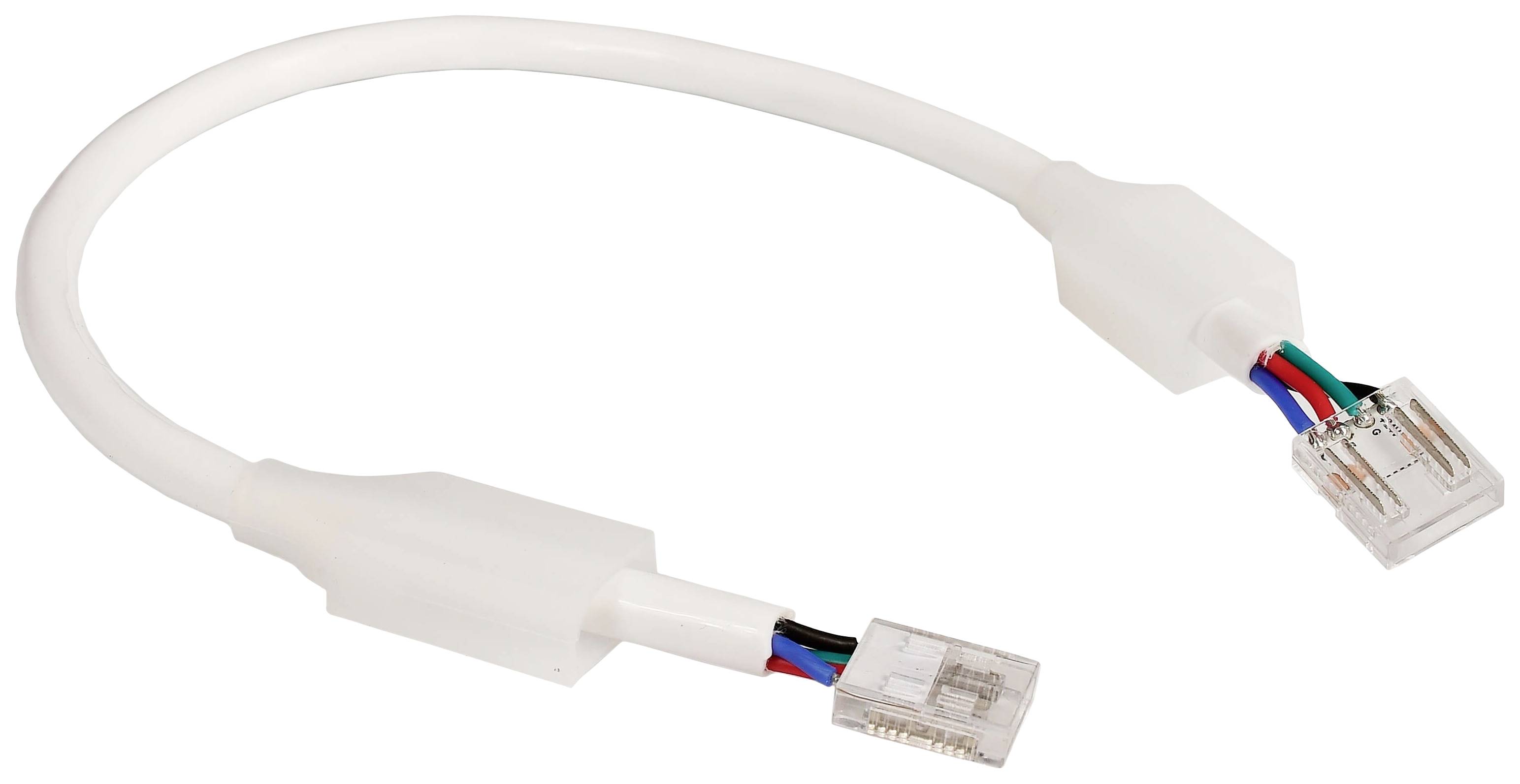 Weiße Telefonleitung mit transparenten Steckern an beiden Enden, zeigt farbige Kabel im Inneren.