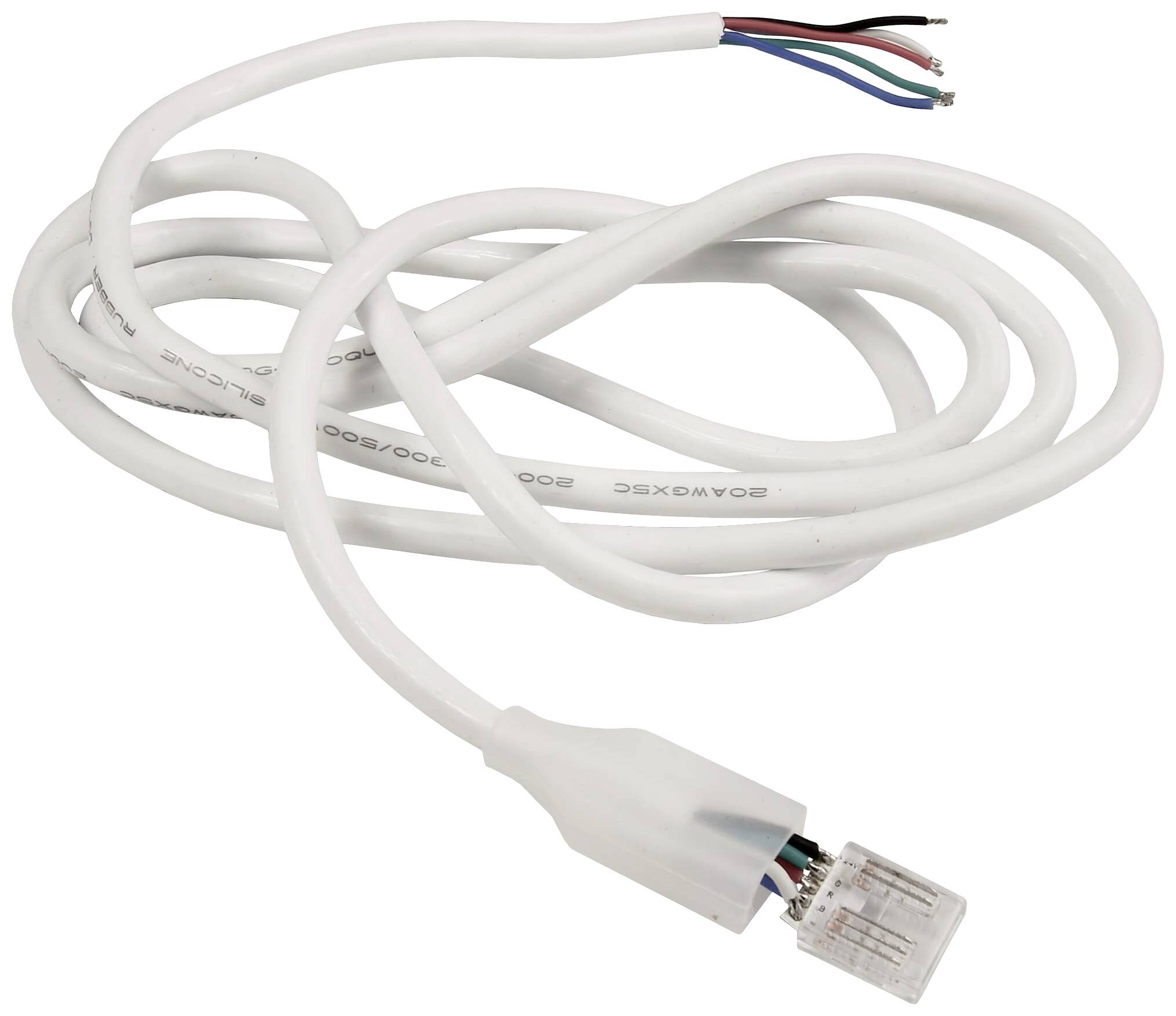 Weißes Netzwerkkabel mit RJ45-Stecker und abisolierten Drähten am anderen Ende, geeignet für Ethernet-Verbindungen oder Reparaturen.