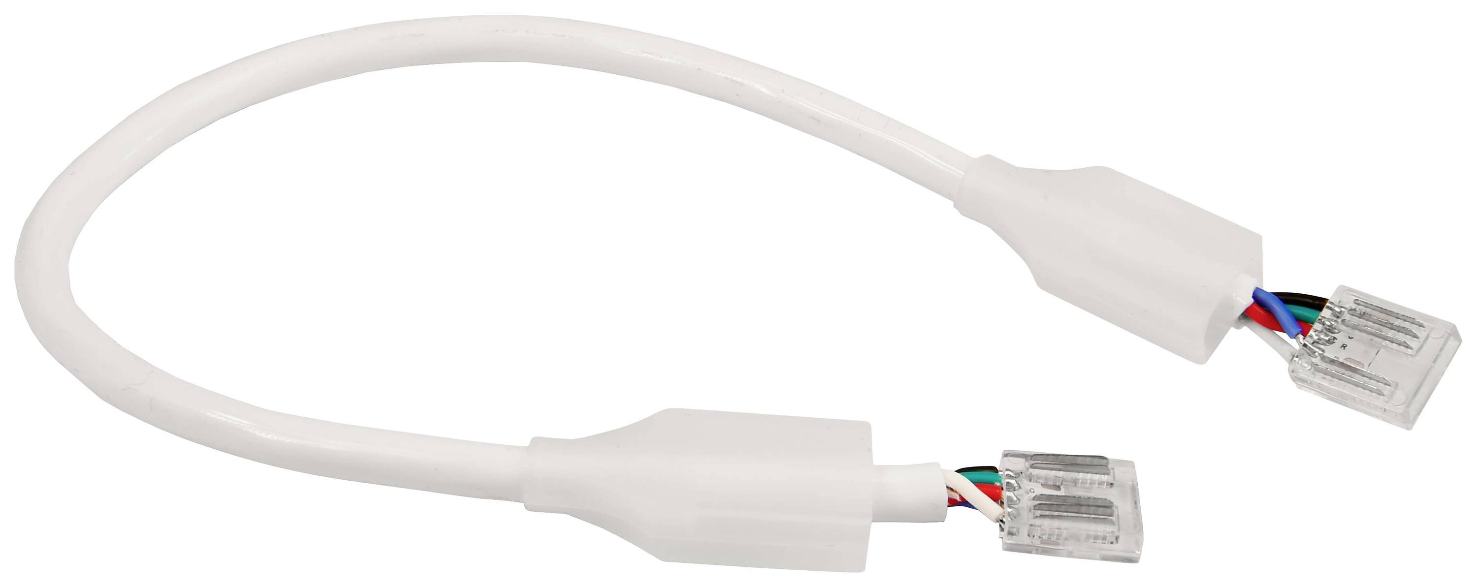 Ein kurzes, weißes Netzwerkkabel mit beidseitigen Steckern und sichtbaren, farbigen Drähten an den Enden.