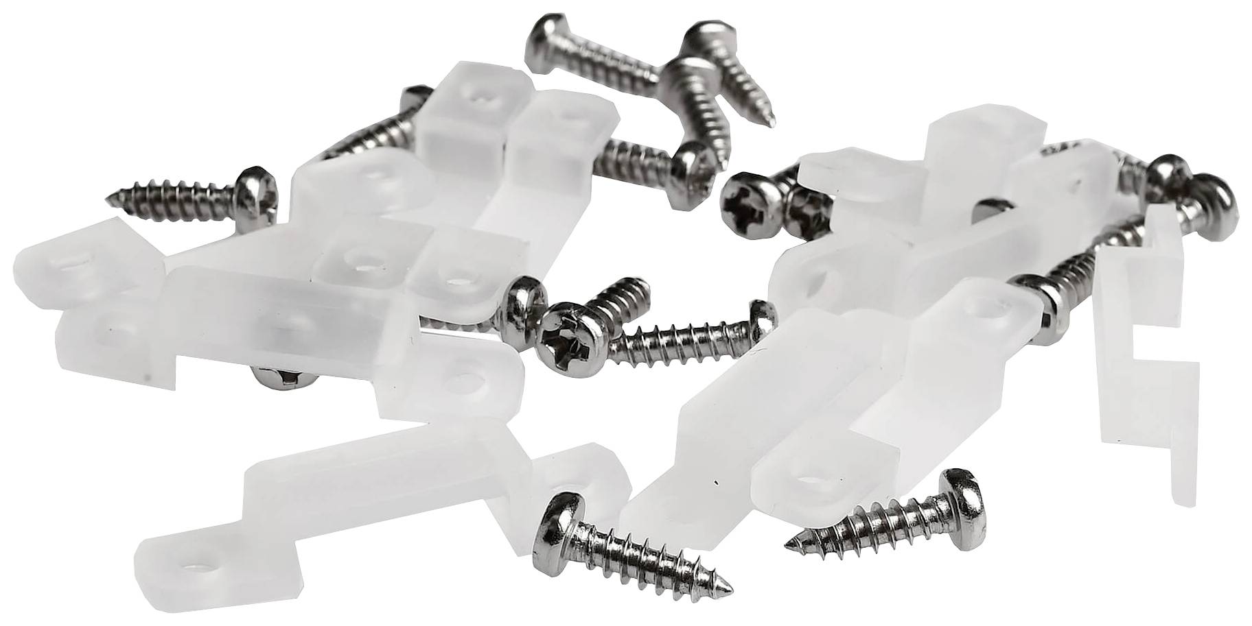 Kunststoff-Winkelklammern und Metallschrauben, lose verteilt.