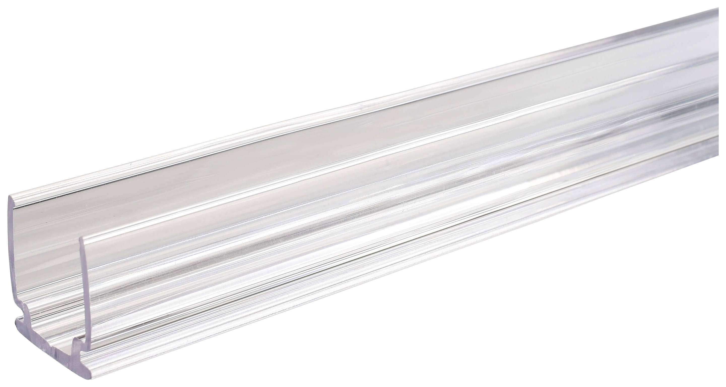 Eine klare, transparente Kunststoffleiste mit einer U-förmigen Nut, die zur Aufnahme von dünnen Platten oder Scheiben dient.