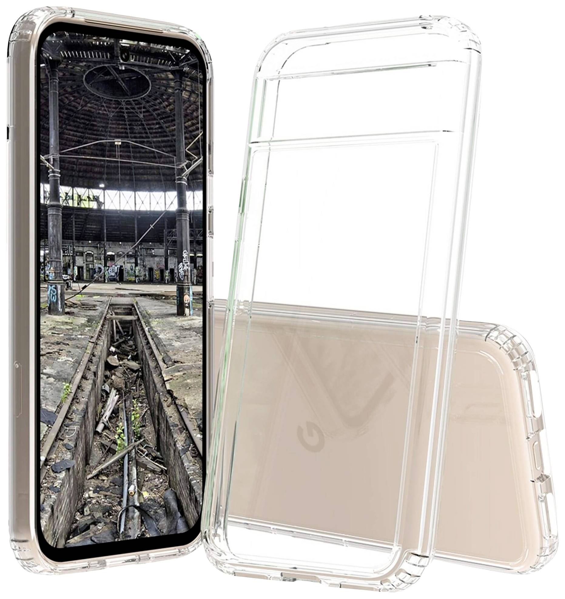 Ein Smartphone mit einem Bild von einem verlassenen, industriellen Raum auf dem Bildschirm, umhüllt von einer transparenten Hülle.