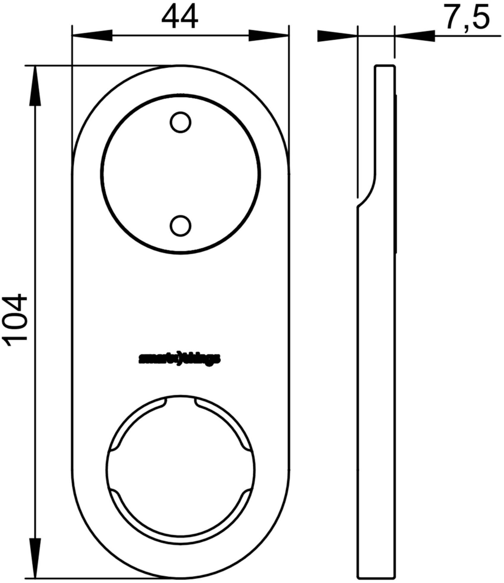 Steckdosenadapter-Abbildung mit Maße: 104 mm Höhe, 44 mm Breite, 7,5 mm Tiefe. Enthält zwei kreisförmige Öffnungen und den Schriftzug 'smart things'.