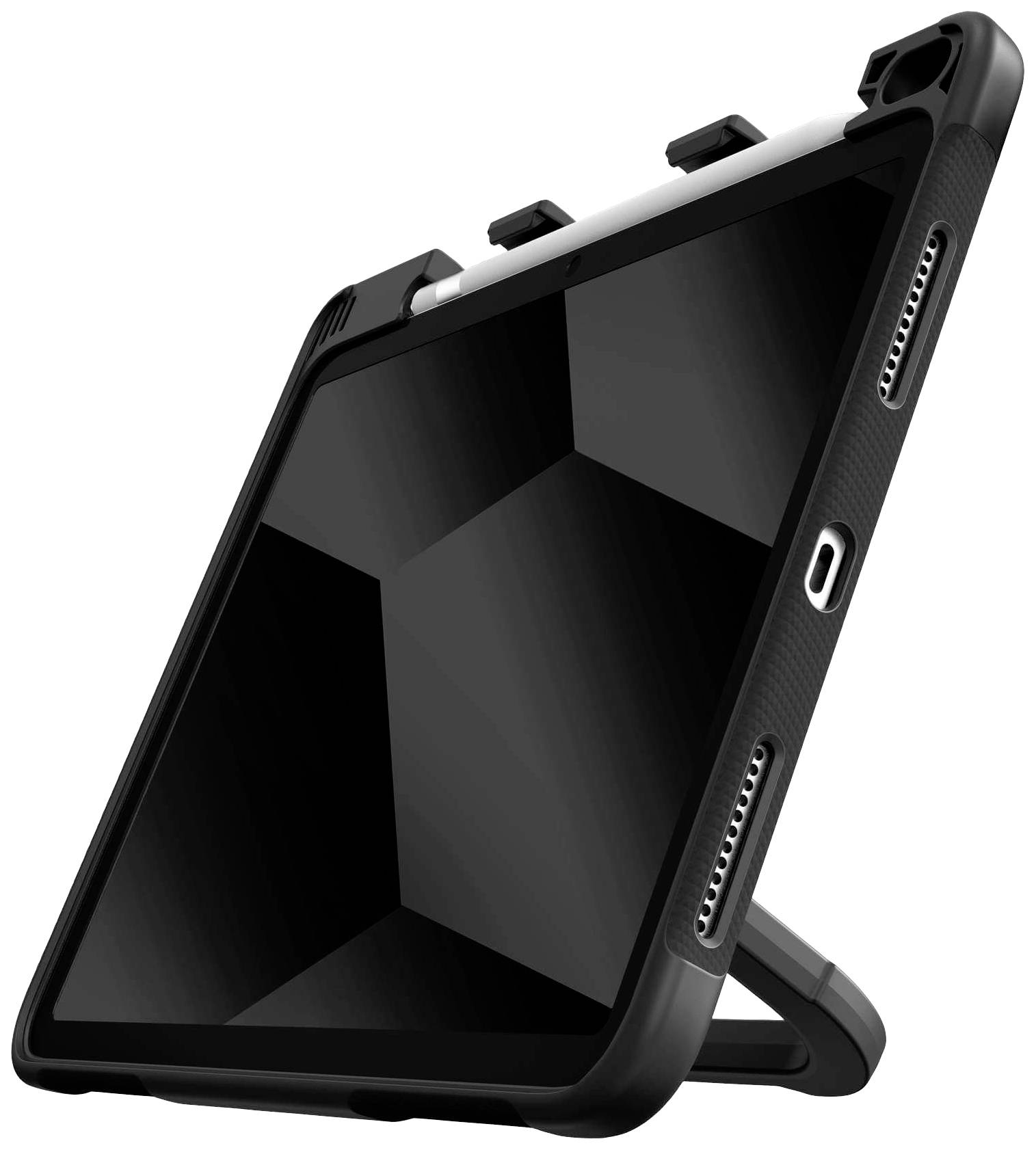 Tablet in einer robusten schwarzen Hülle mit integriertem Ständer, seitlicher Aufnahme für Stift und klar abgesetzten Lautsprechern.