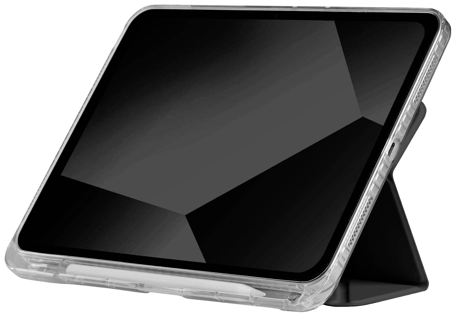 Ein Tablet in einer durchsichtigen Schutzhülle, das auf einem Ständer steht. Bildschirm ist ausgeschaltet und zeigt eine Reflexion.