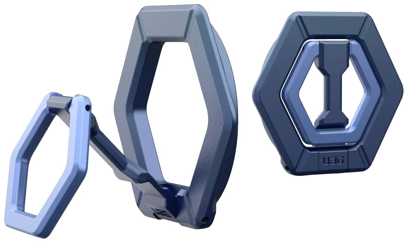 Zwei sechseckige, ineinandergreifende, blaue Kunststoffstrukturen, die zusammen einen verstellbaren Haltegriff bilden.
