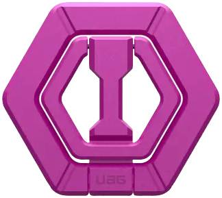 Hexagonale, pinke Form aus Kunststoff mit zentralem Element. Ähnlich einem geometrischen Design, möglicherweise eine stilisierte Halterung.