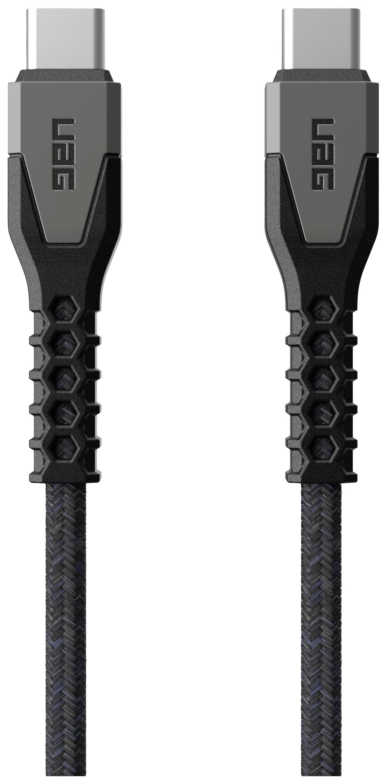 Ein robustes, gewebtes USB-C-Kabel mit verstärkten Anschlüssen.<br><br>