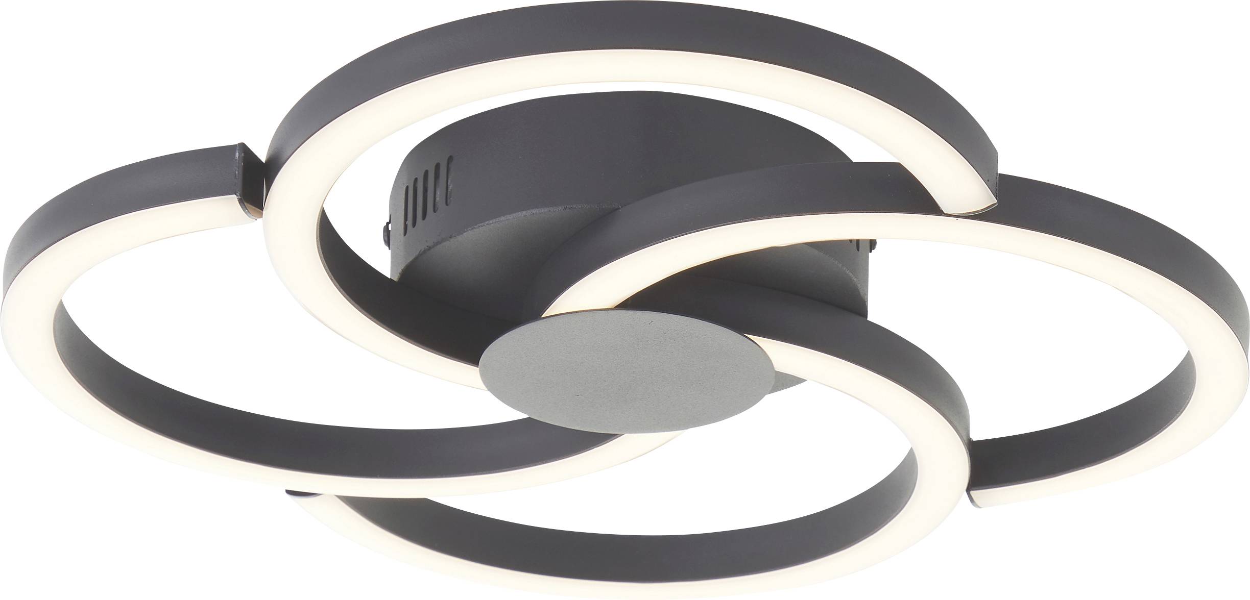 Moderne Deckenlampe mit vier ineinandergreifenden, leuchtenden Ringen in einem minimalistisch schwarzen Design.