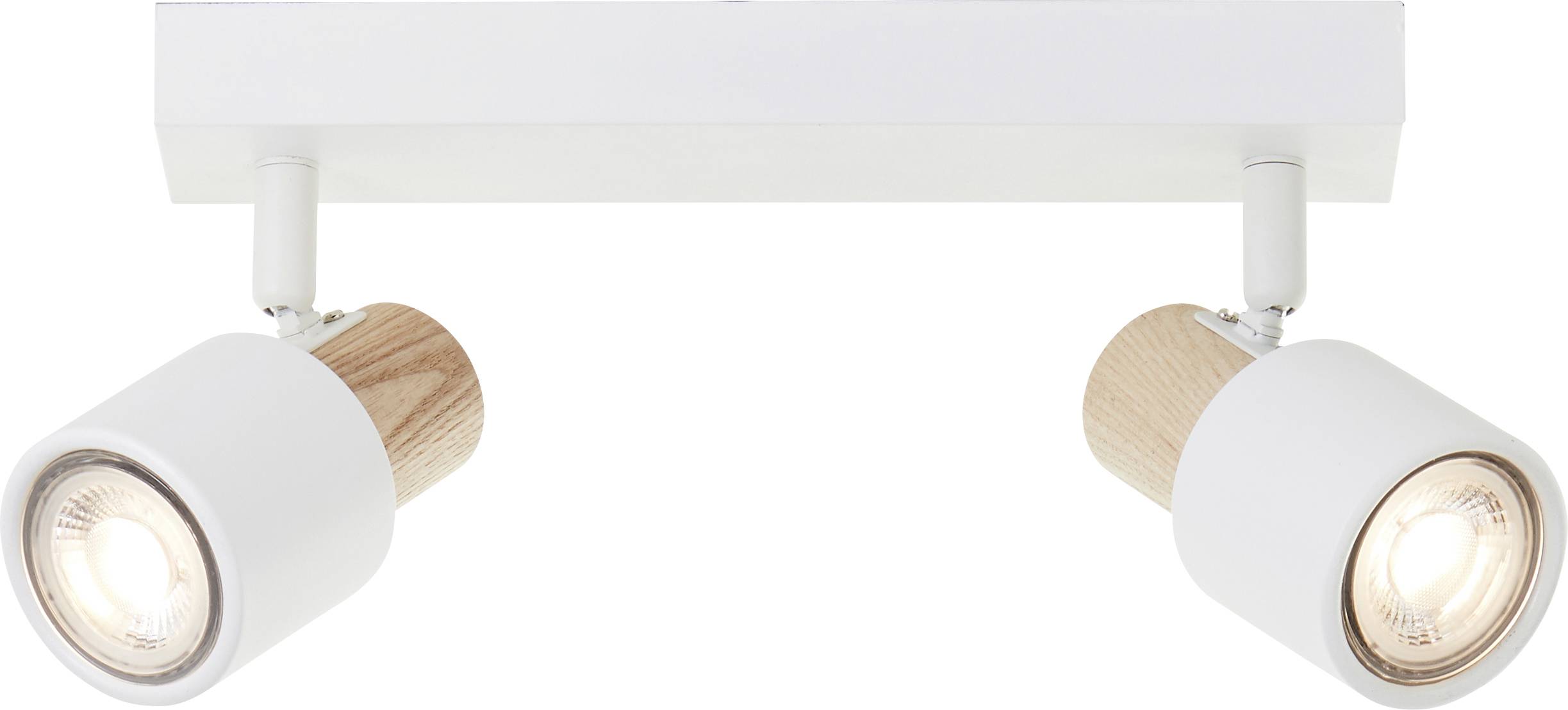 Zwei weiße Deckenstrahler mit Holzdetails, die nach unten gerichtet sind. Ideal zur Ausleuchtung eines Raumes.