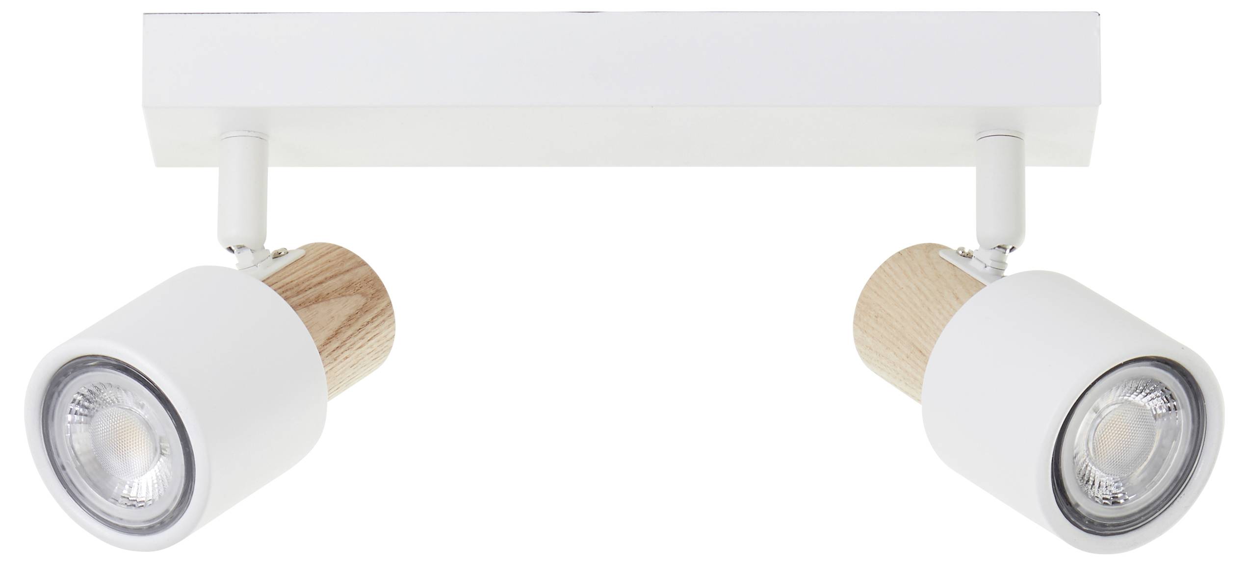 Zwei weiße Deckenstrahler mit Holzelementen, nebeneinander ausgerichtet. Moderne Beleuchtung für Innenräume.