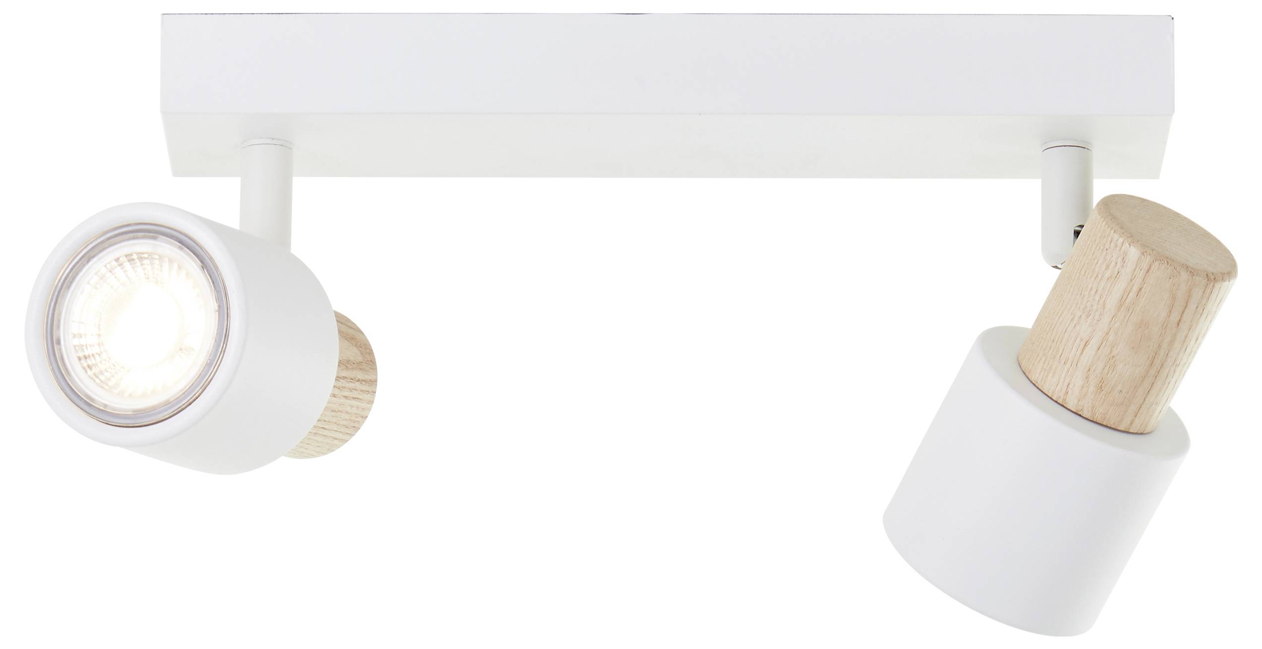 Zwei weiße Deckenstrahler mit Holzelementen an einer rechteckigen Basis, einer leuchtet, der andere ist ausgeschaltet.