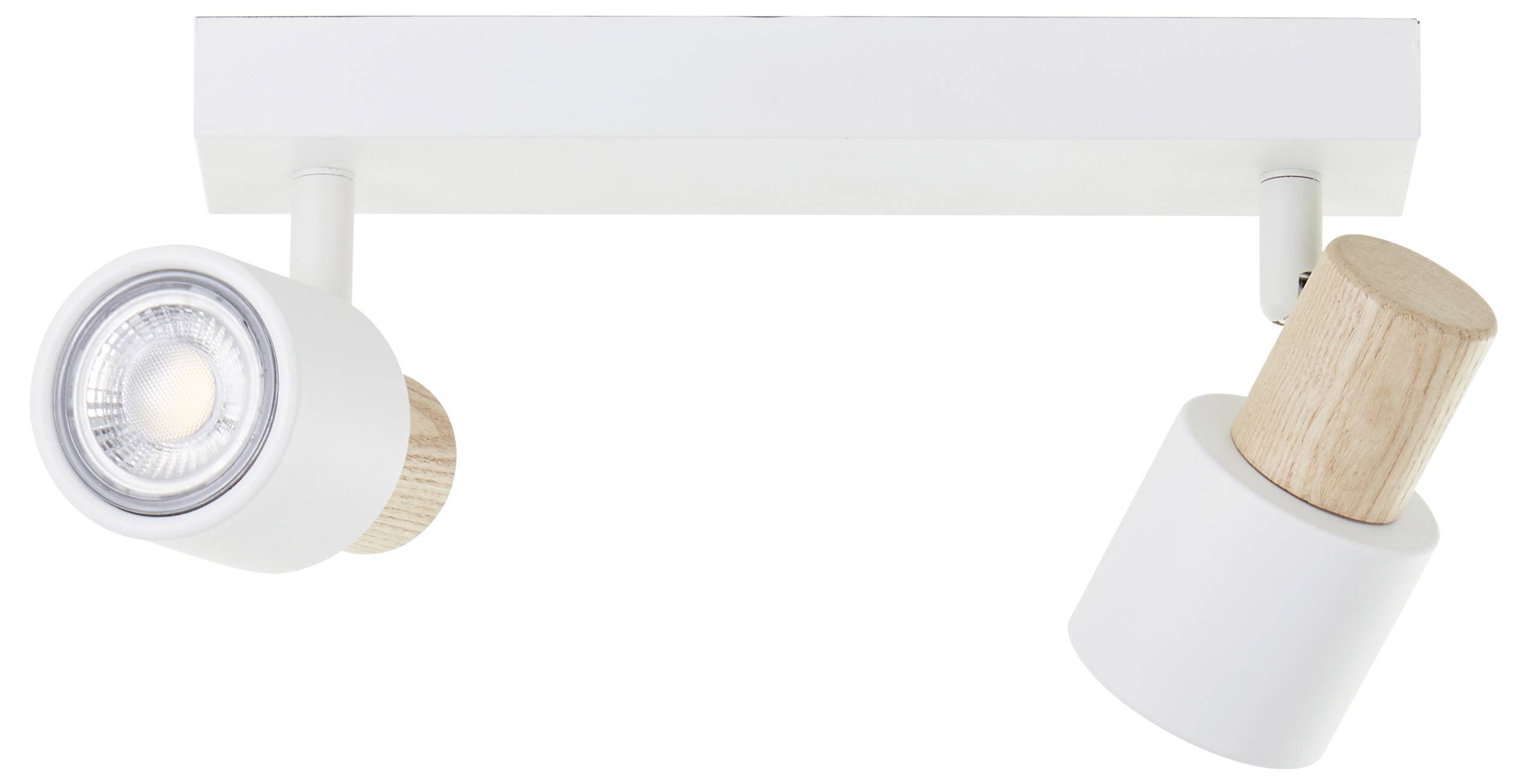 Zwei weiße Deckenstrahler mit Holzdetails auf rechteckiger Halterung, einer leuchtet nach unten, der andere leicht nach links geneigt.