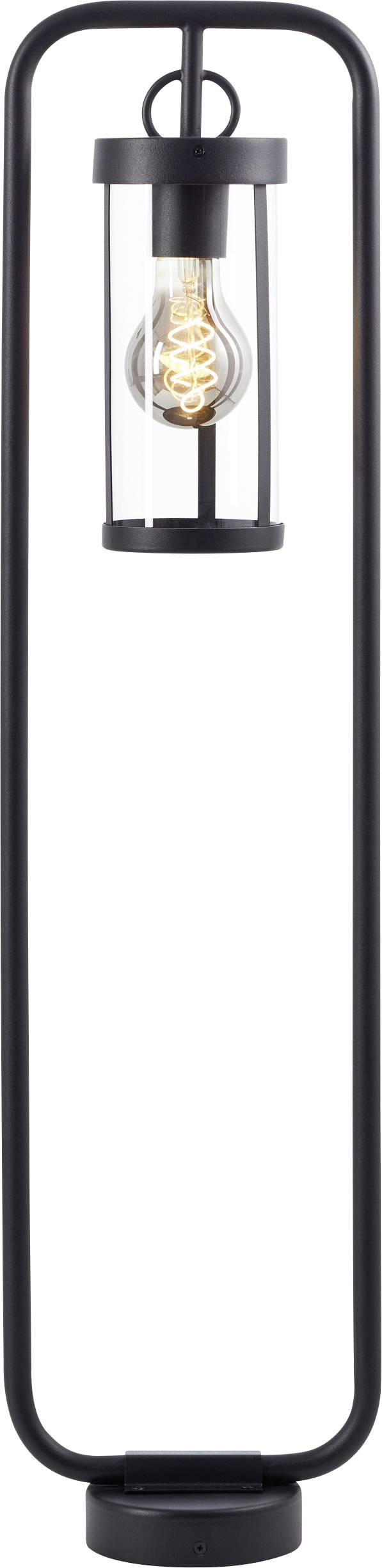 Eine moderne, schwarze Stehlampe mit sichtbarer Glühbirne in einem röhrenförmigen Glasgehäuse.