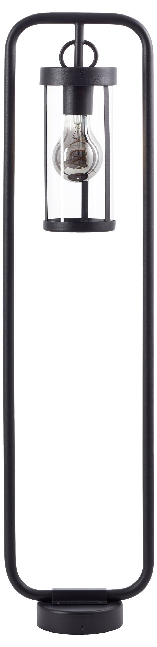 Schwarze, moderne Stehlampe mit offenem Metallrahmen und sichtbarem Glühbirnenglaszylinder. Geeignet für minimalistisches Design.