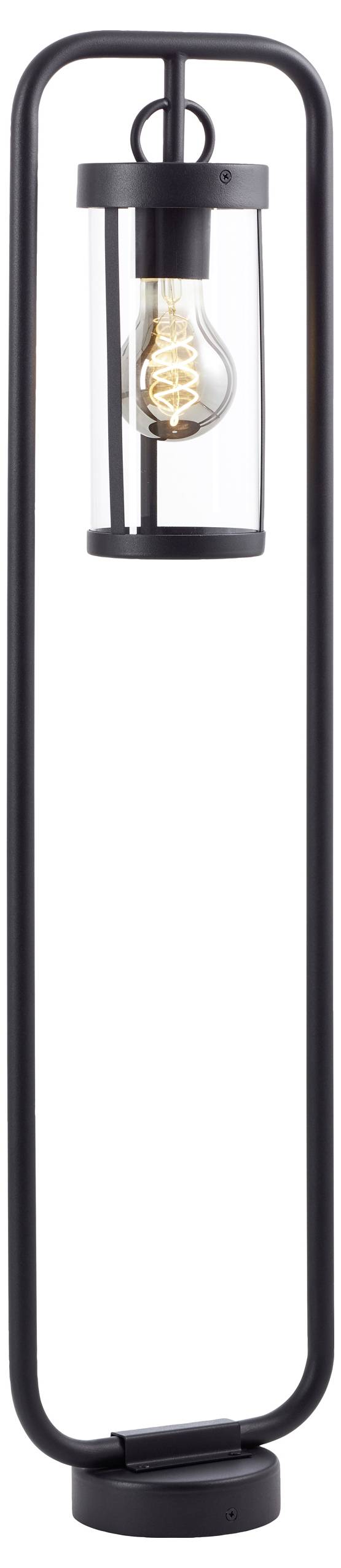 Schwarze Stehlampe mit schmalem Rahmen und sichtbarer Glühbirne in transparentem Gehäuse. Modernes Design für Wohnräume.