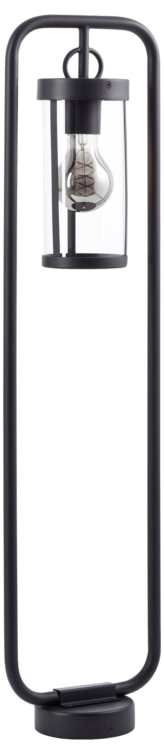 Schwarze Stehlampe mit schlichtem, modernem Design. Offene Glühbirne in zylindrischem Glaskäfig innerhalb eines rechteckigen Rahmens.