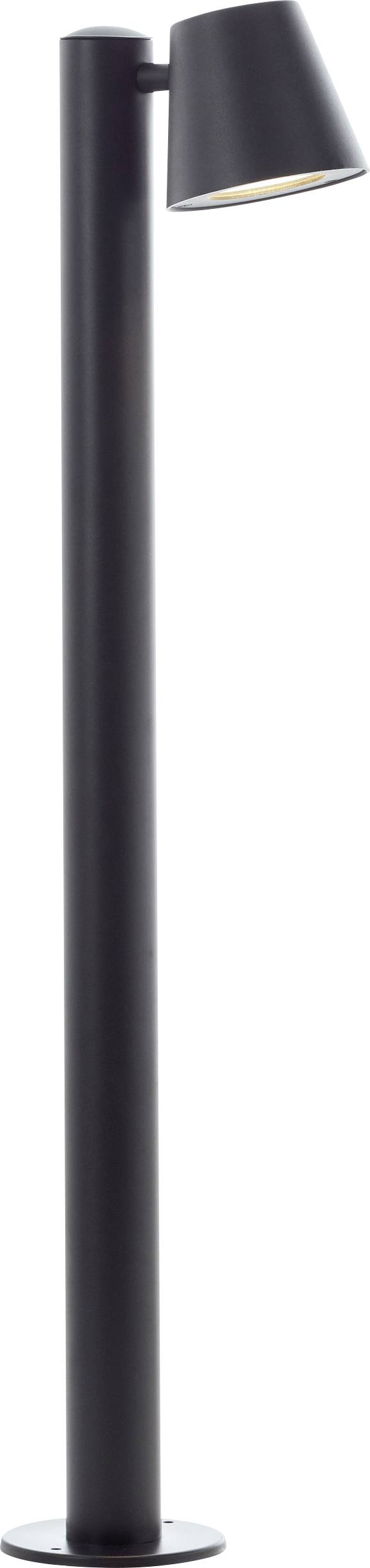 Eine moderne, schwarze Stehlampe mit einem schmalen, zylindrischen Stab und einem leicht geneigten Lampenschirm oben.